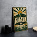 A vintage metal sign with the word "KAGAWA" prominently displayed, featuring a sun and mountain design.