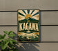 A vintage-style sign for "Kagawa" is displayed on a wall, featuring a sun and mountain landscape design.