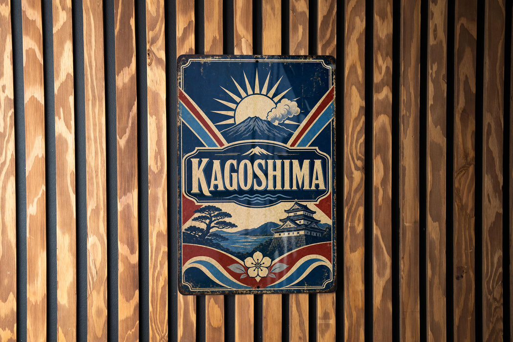 A vintage-style metal sign with the word "KAGOSHIMA" prominently displayed, featuring a sun and mountain landscape design.