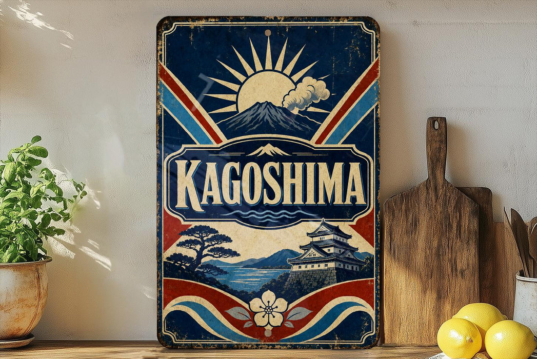A vintage-style sign for "Kagoshima" is displayed on a shelf, featuring a mountain, sun, and traditional Japanese architecture.