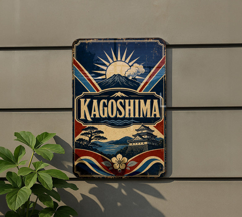 A vintage-style sign for "Kagoshima" is displayed on a wall, featuring a sun, mountain, and traditional Japanese architecture.
