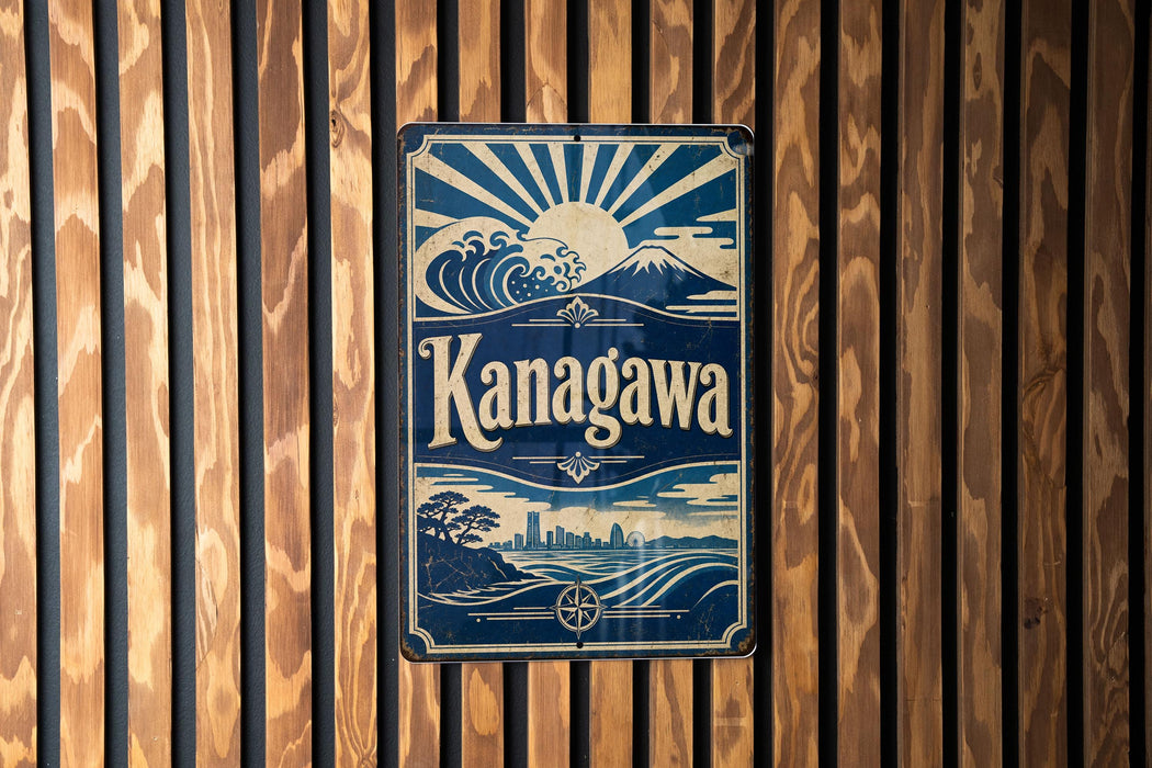 A sign for Kanagawa, featuring a sun and wave design, is displayed on a wooden wall.