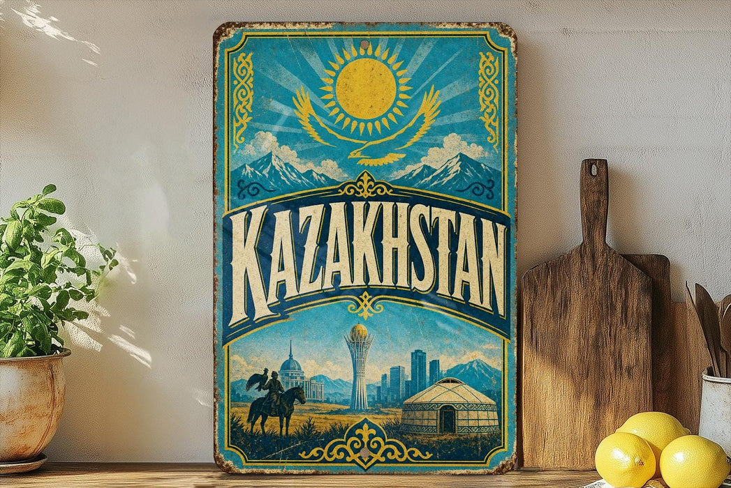 a vintage-style metal sign with the word "Kazakhstan" prominently displayed, along with a sun and mountains in the background. The sign is placed on a wooden surface, with a potted plant, a wooden cutting board, and some lemons nearby.