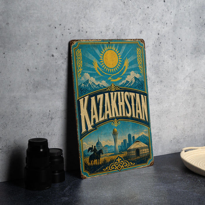 A vintage-style metal sign with the word "Kazakhstan" prominently displayed, featuring a sun and mountains in the background.