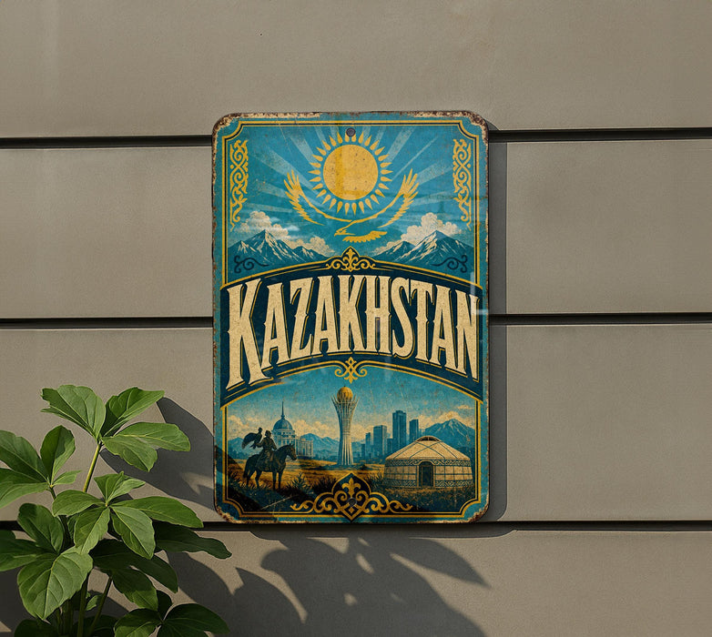 a vintage-style sign with the word "Kazakhstan" prominently displayed, along with a sun and mountains in the background.