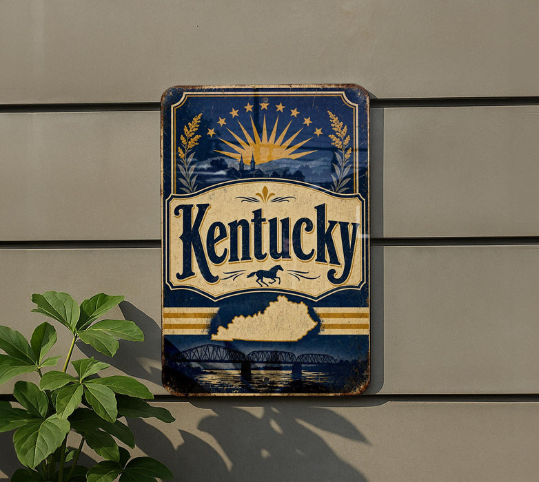 A vintage-style metal sign with the word "Kentucky" prominently displayed, featuring a sun and stars design, and a horse silhouette. The sign is mounted on a wall, and there is a plant visible to the left of the sign.