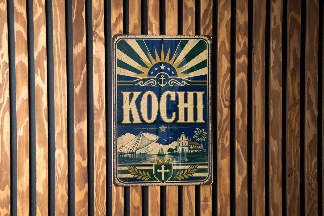 A vintage-style metal sign with the word "Kochi" prominently displayed, featuring a sunburst design and various nautical elements.