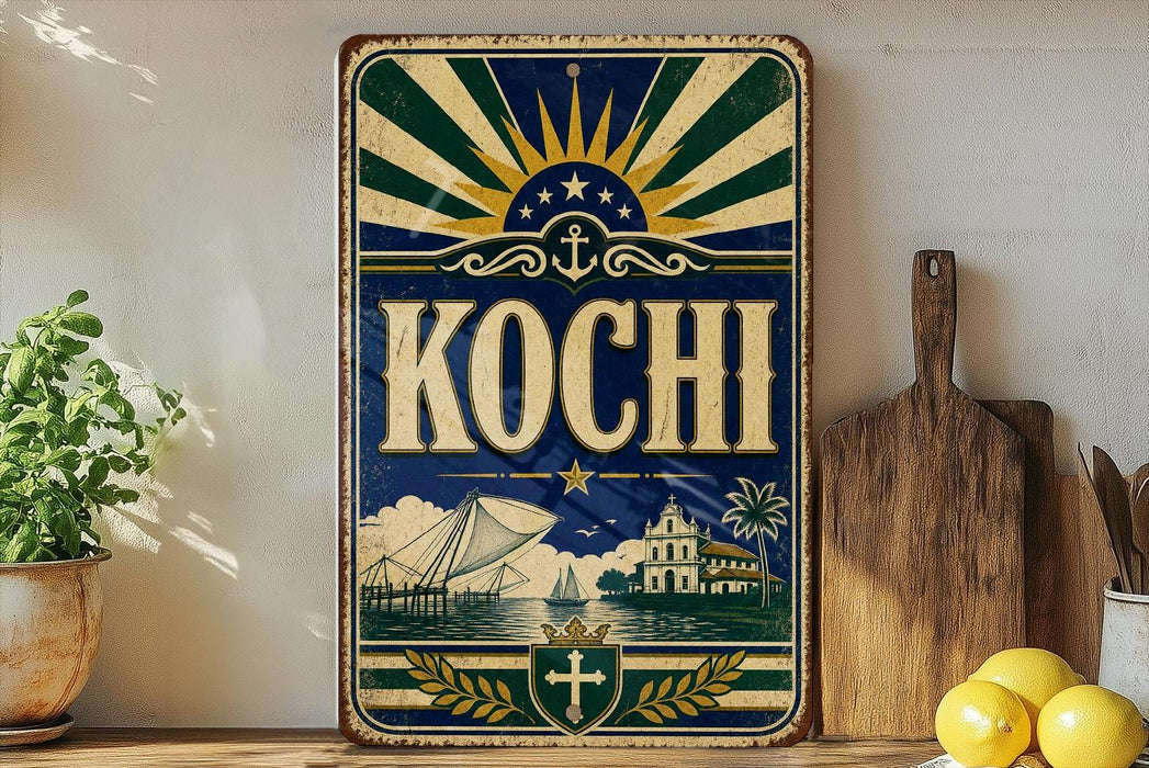 A vintage-style metal sign with the word "Kochi" prominently displayed, featuring a sunburst design and various nautical elements such as a ship, palm tree, and building. The sign is placed on a shelf next to a wooden cutting board and a potted plant, creating a nautical-themed display.