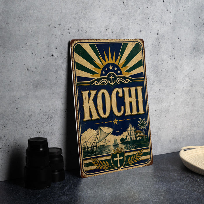 A vintage-style metal sign with the word "Kochi" prominently displayed, featuring a sunburst design and various nautical elements.