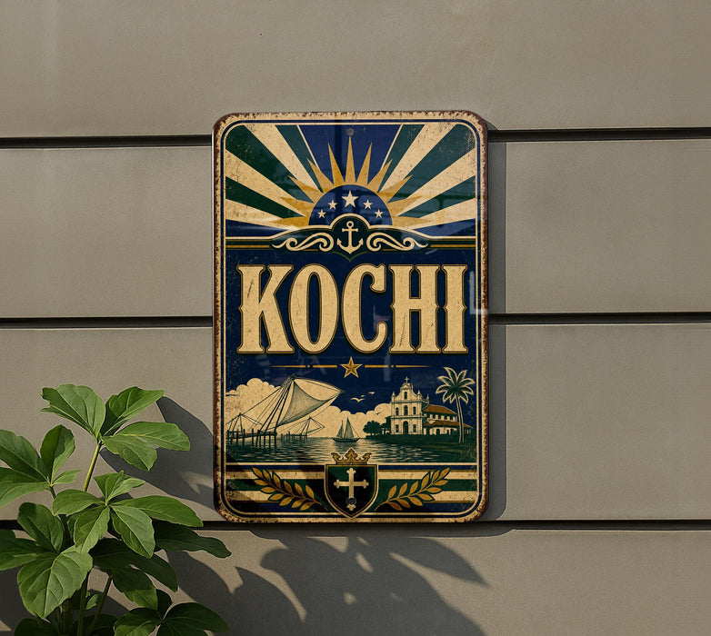 A vintage-style sign with the word "Kochi" prominently displayed, featuring a sunburst design and various nautical elements.