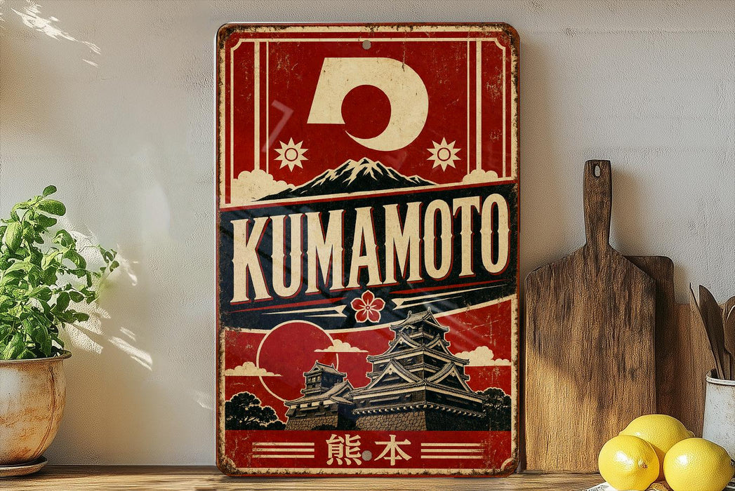 A vintage-style metal sign with the word "KUMAMOTO" prominently displayed, featuring a Japanese temple and mountain landscape. The sign is placed on a shelf next to a wooden cutting board and some potted plants.