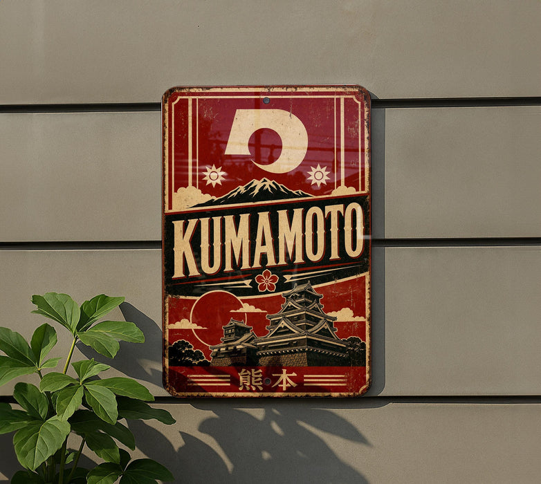 A vintage-style sign for Kumamoto, featuring a red background with a white circle and a temple-like structure, along with Japanese text and imagery.