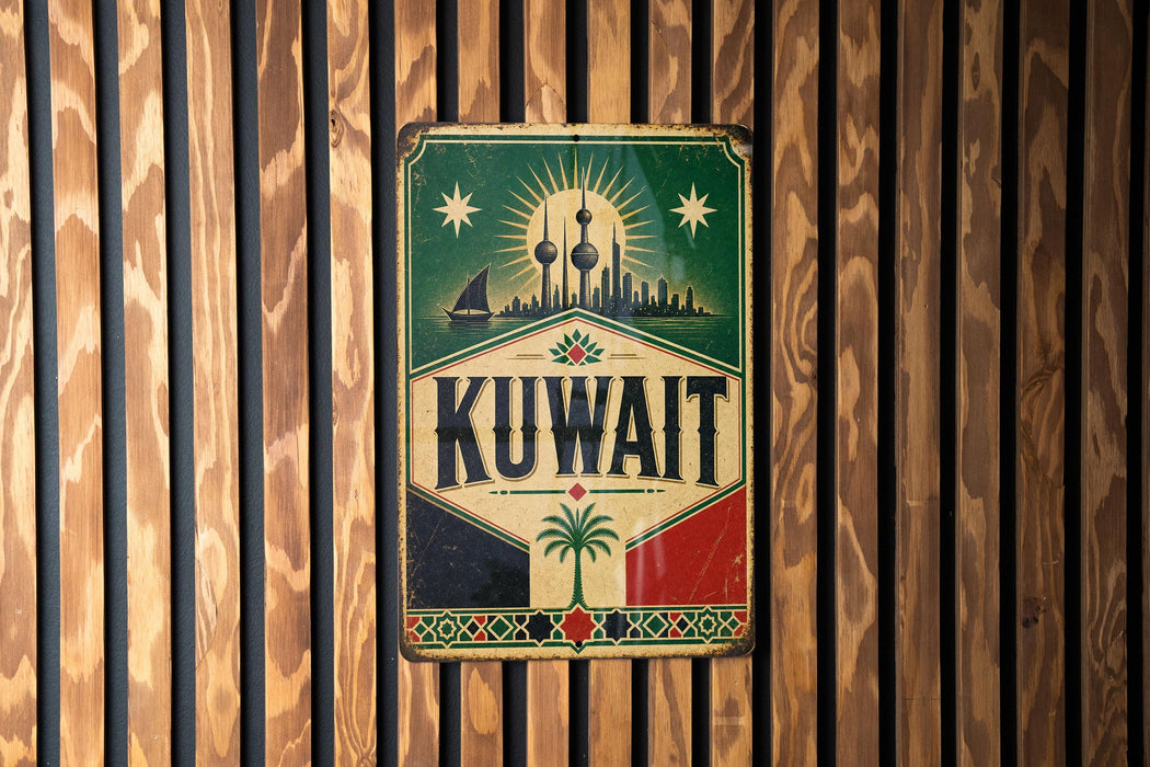 A vintage-style sign with the word "KUWAIT" prominently displayed, featuring a city skyline and a palm tree.
