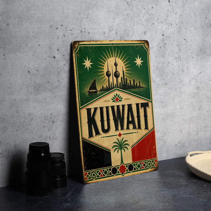 a vintage-style sign for Kuwait, with a green and red background and a depiction of the city skyline.