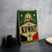 a vintage-style sign for Kuwait, with a green and red background and a depiction of the city skyline.