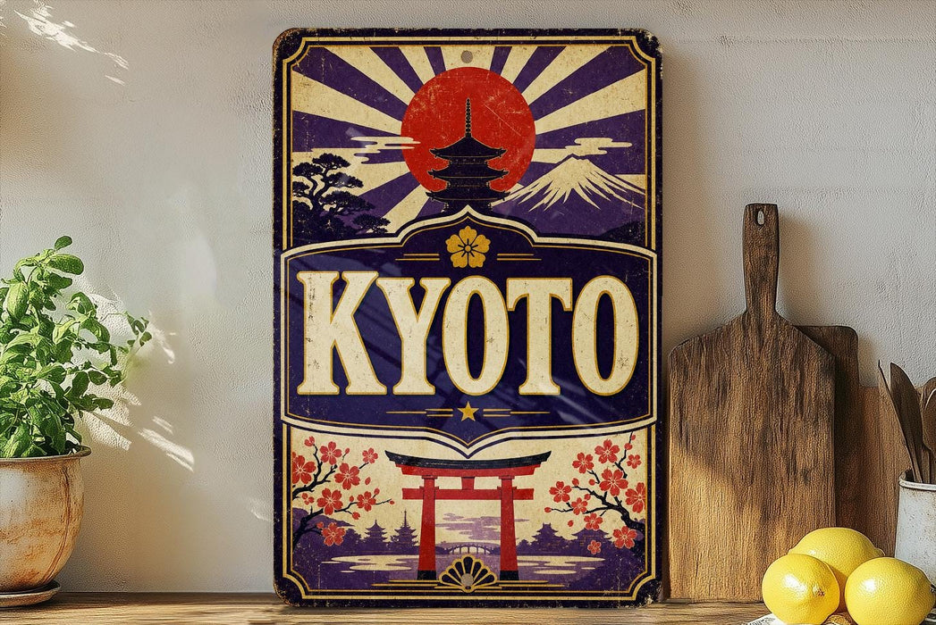 A vintage-style sign for "KYOTO" featuring a sun and pagoda design, surrounded by Japanese-inspired elements such as cherry blossoms and a temple.