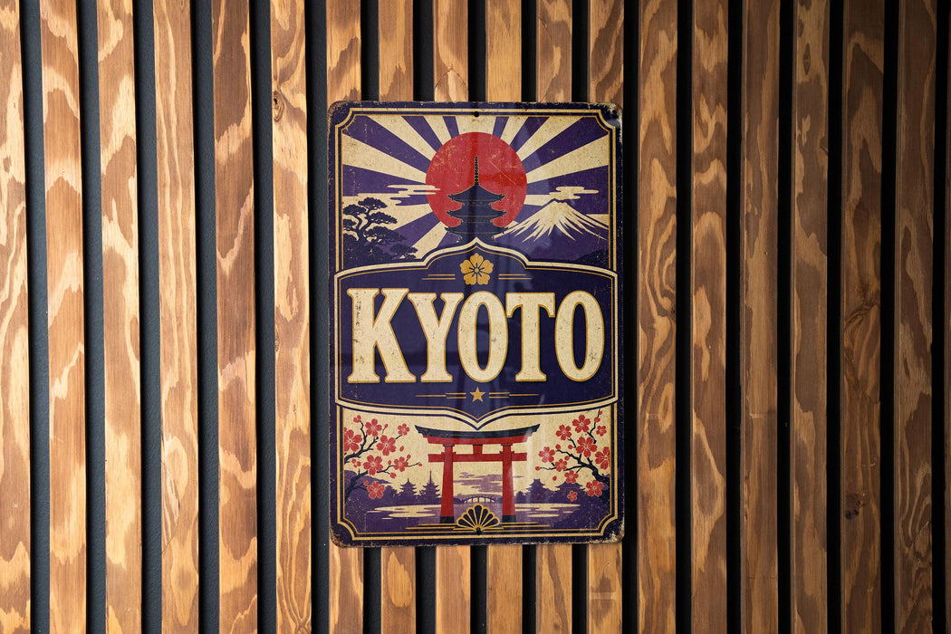 A vintage-style sign for "KYOTO" is displayed on a wooden wall, featuring a red sun and a temple-like structure.