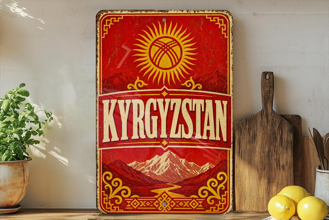 a vintage-style sign with the word "KYRGYZSTAN" prominently displayed, along with a sun and mountain motif. The sign is placed on a shelf next to a wooden cutting board and a potted plant, creating a rustic and homey atmosphere.