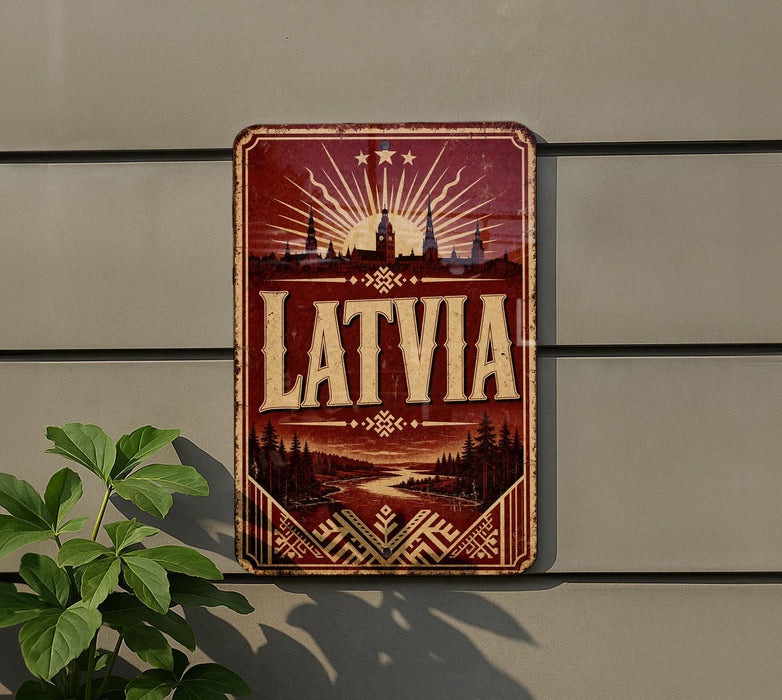 A vintage-style metal sign with the word "LATVIA" prominently displayed, featuring a scenic landscape with a sunburst effect and silhouetted buildings.