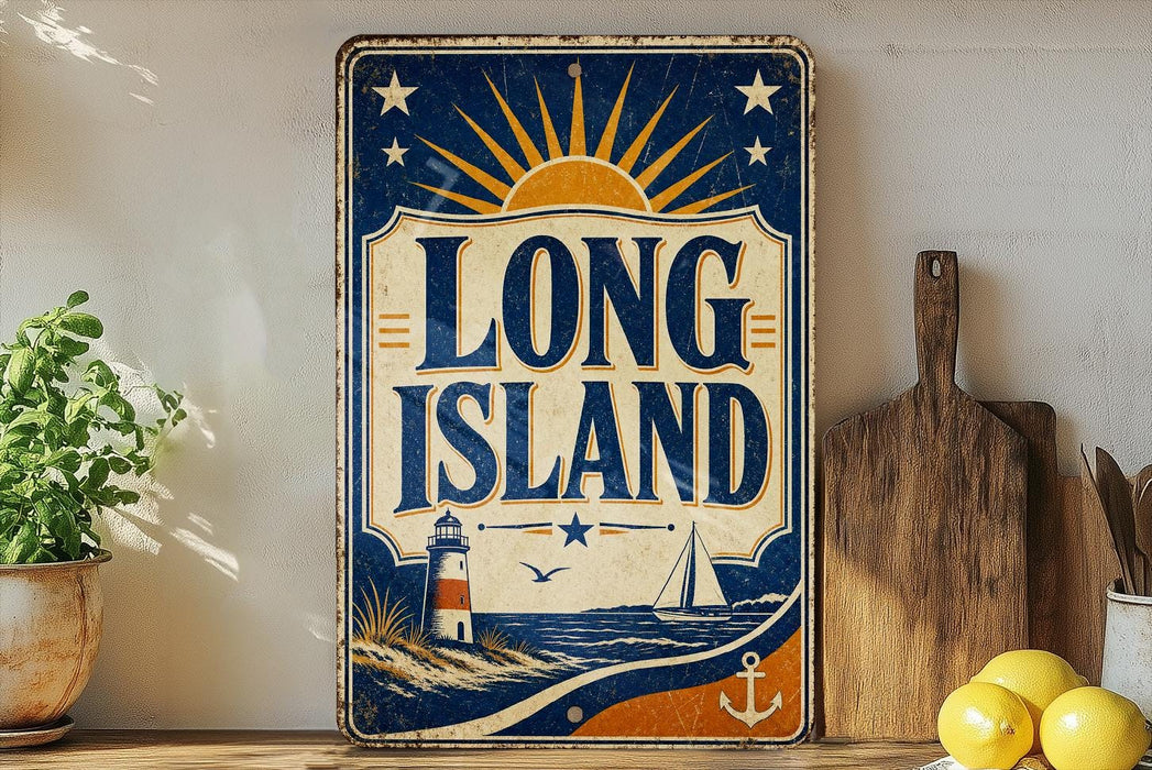 A vintage-style sign for Long Island, featuring a lighthouse, sun, and ocean, is displayed on a shelf next to a wooden cutting board and some lemons.