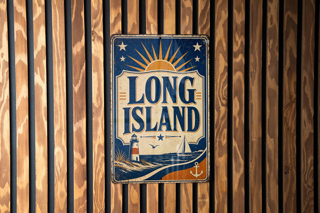 A vintage metal sign with the text "LONG ISLAND" and a lighthouse illustration is displayed on a wooden wall.