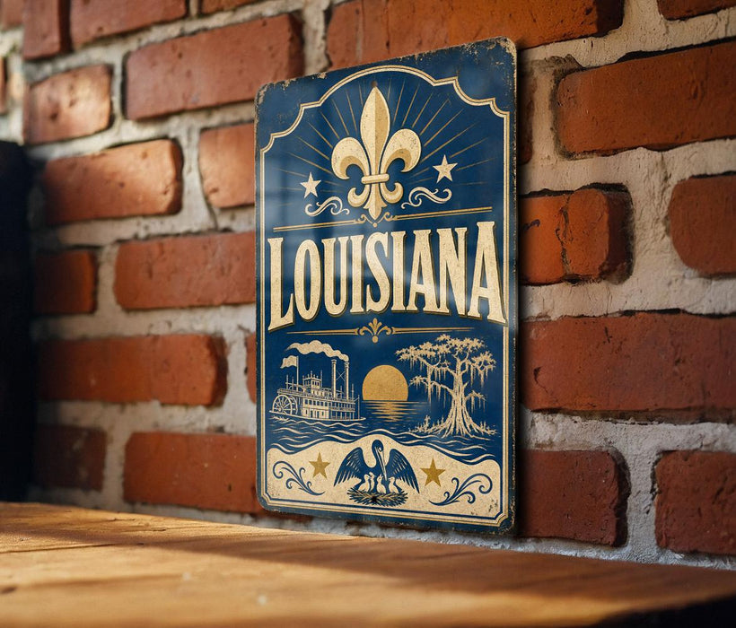 A vintage-style metal sign with the word "LOUISIANA" prominently displayed, featuring a fleur-de-lis symbol and decorative elements.