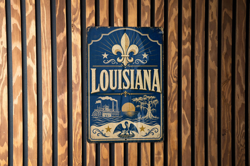 A vintage-style metal sign with the word "LOUISIANA" prominently displayed, featuring a fleur-de-lis symbol and various decorative elements.