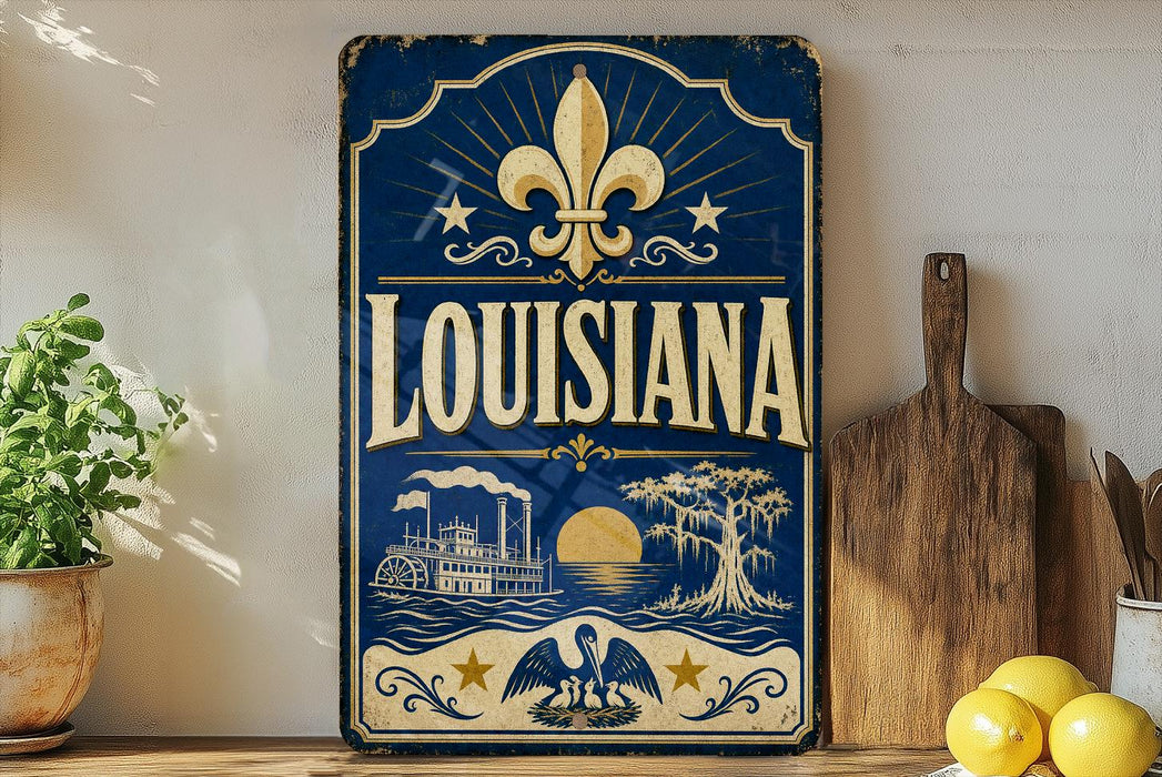 A vintage-style sign for Louisiana, featuring a fleur-de-lis symbol, a steamboat illustration, and a sunset scene.