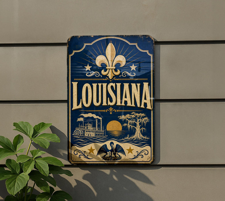 A vintage-style sign for Louisiana, featuring a fleur-de-lis symbol, a steamboat, and other nautical elements, mounted on a wall.