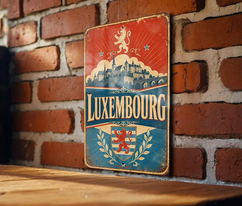 A vintage metal sign with the word "LUXEMBOURG" prominently displayed, featuring a castle and a lion, mounted on a brick wall.