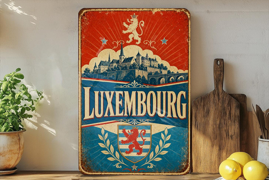 A vintage-style metal sign with the text "LUXEMBOURG" prominently displayed, featuring a castle and a lion emblem. The sign is placed on a shelf next to a wooden cutting board and a potted plant.
