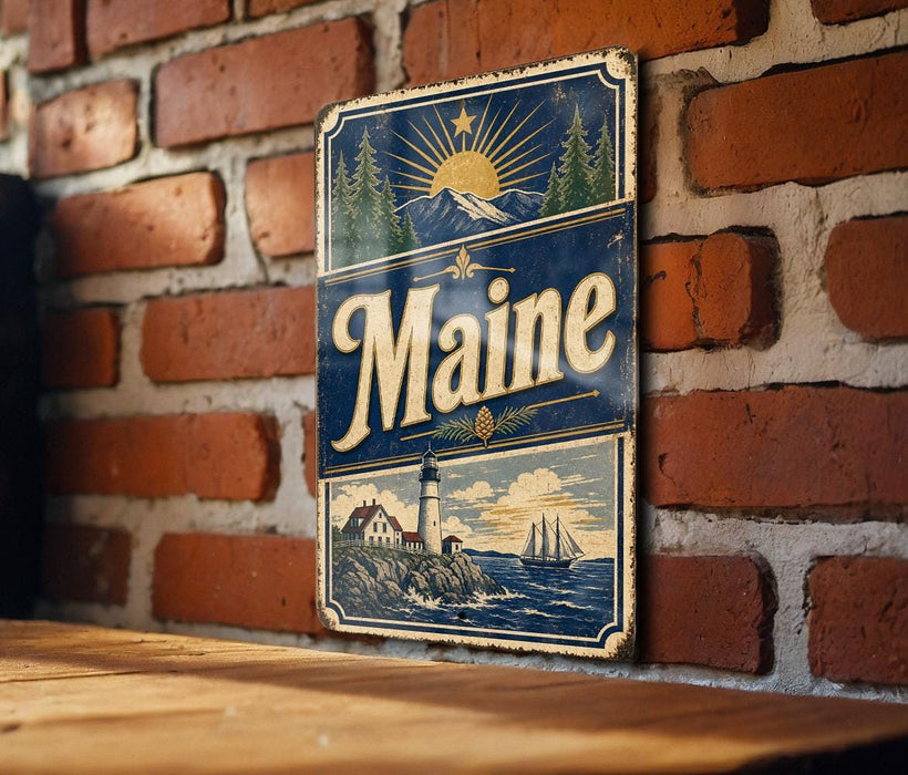 A vintage Maine-themed metal sign is displayed on a brick wall, featuring a lighthouse, mountains, and a sun.