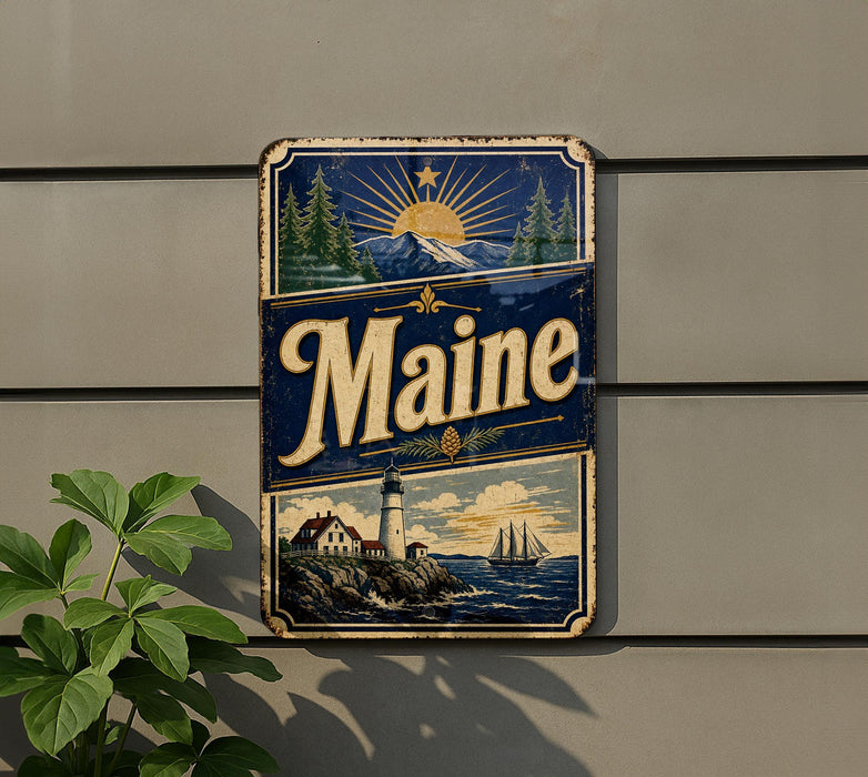 A vintage Maine beer sign is displayed on a wall, featuring a lighthouse, mountains, and a sunset.