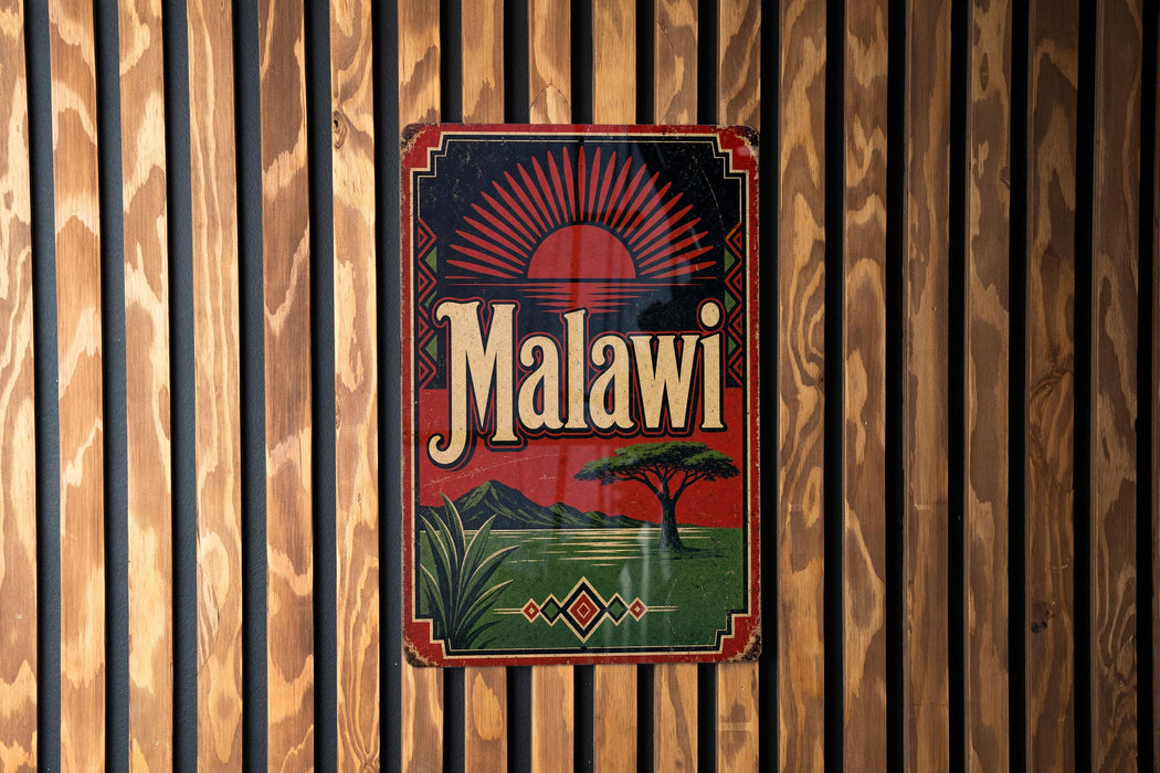 A vintage metal sign with the word "Malawi" displayed prominently in the center, featuring a sun-like design and a landscape with a tree and mountains.