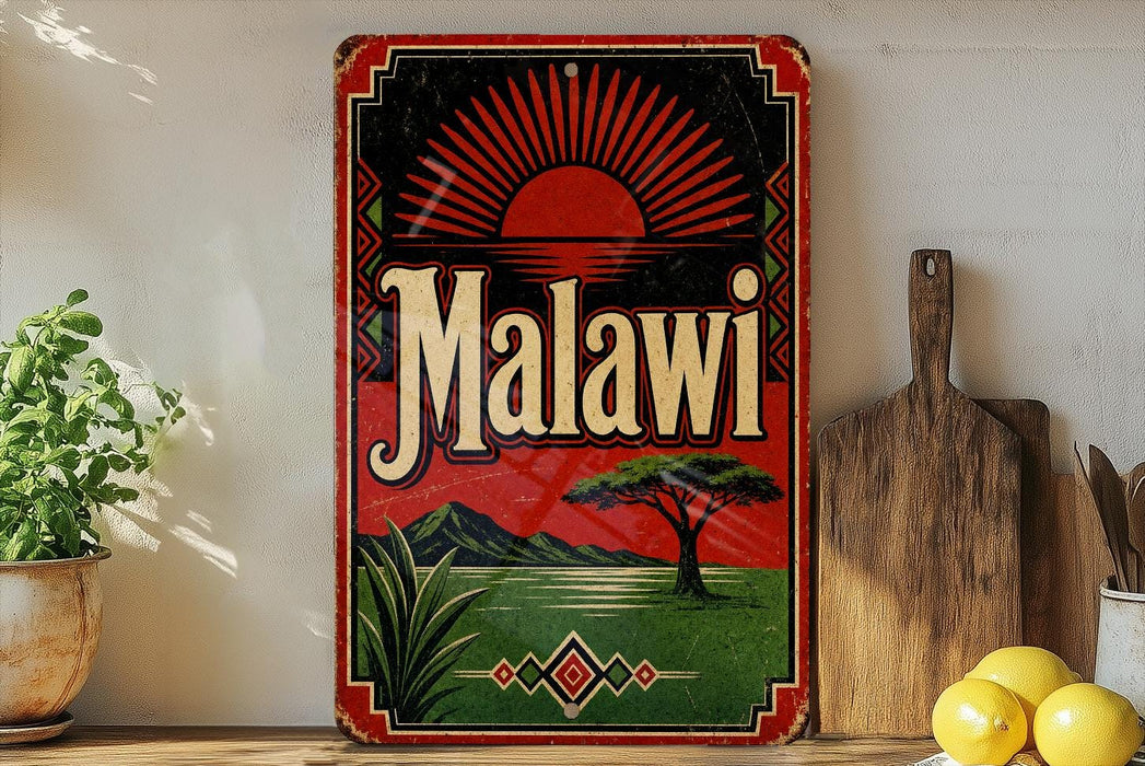 a vintage-style sign with the word "Malawi" prominently displayed, along with a sun and landscape design. The sign is placed on a shelf next to a wooden cutting board and a potted plant.