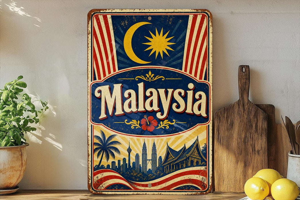 A vintage-style metal sign with the word "Malaysia" prominently displayed, featuring a crescent moon, sun, and a city skyline.