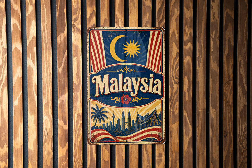 A vintage metal sign with the word "Malaysia" prominently displayed, featuring a crescent moon, sun, and a flag-like design.