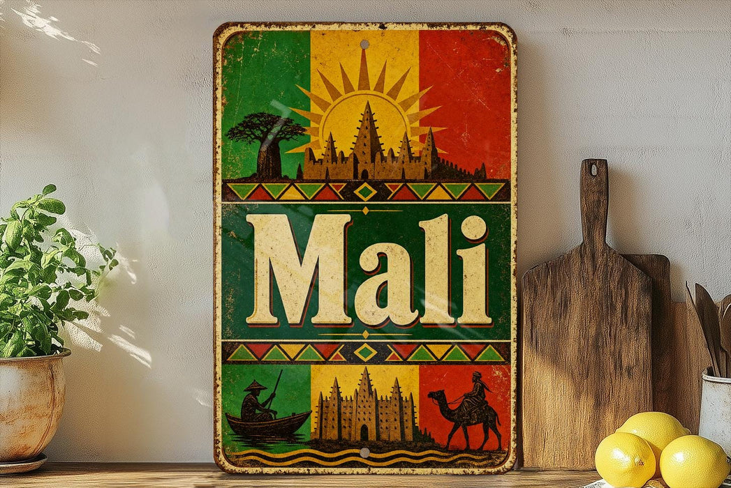 a vintage-style metal sign with the word "Mali" prominently displayed, surrounded by various cultural elements such as a sun, buildings, and a camel.