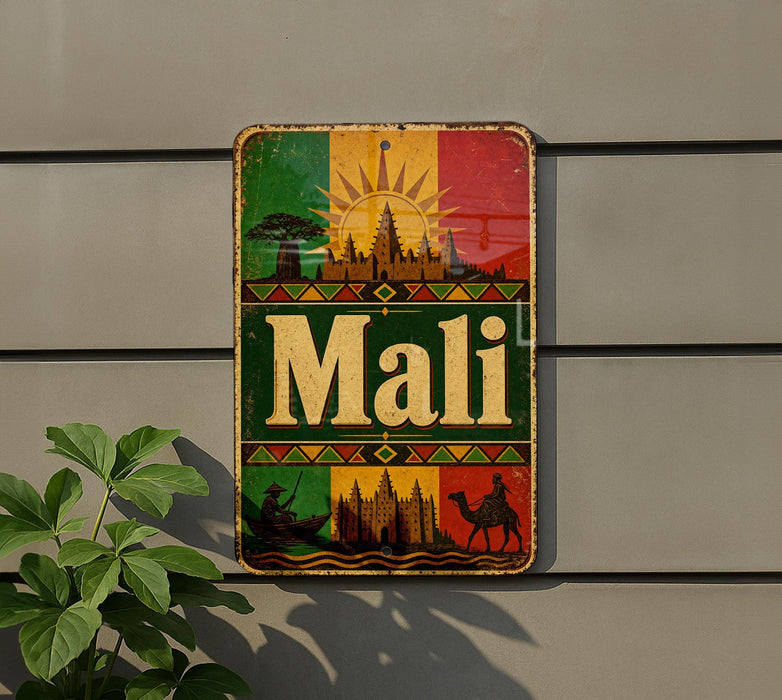 a colorful sign with the word "Mali" prominently displayed, surrounded by various cultural and architectural elements such as a sun, buildings, and a camel.