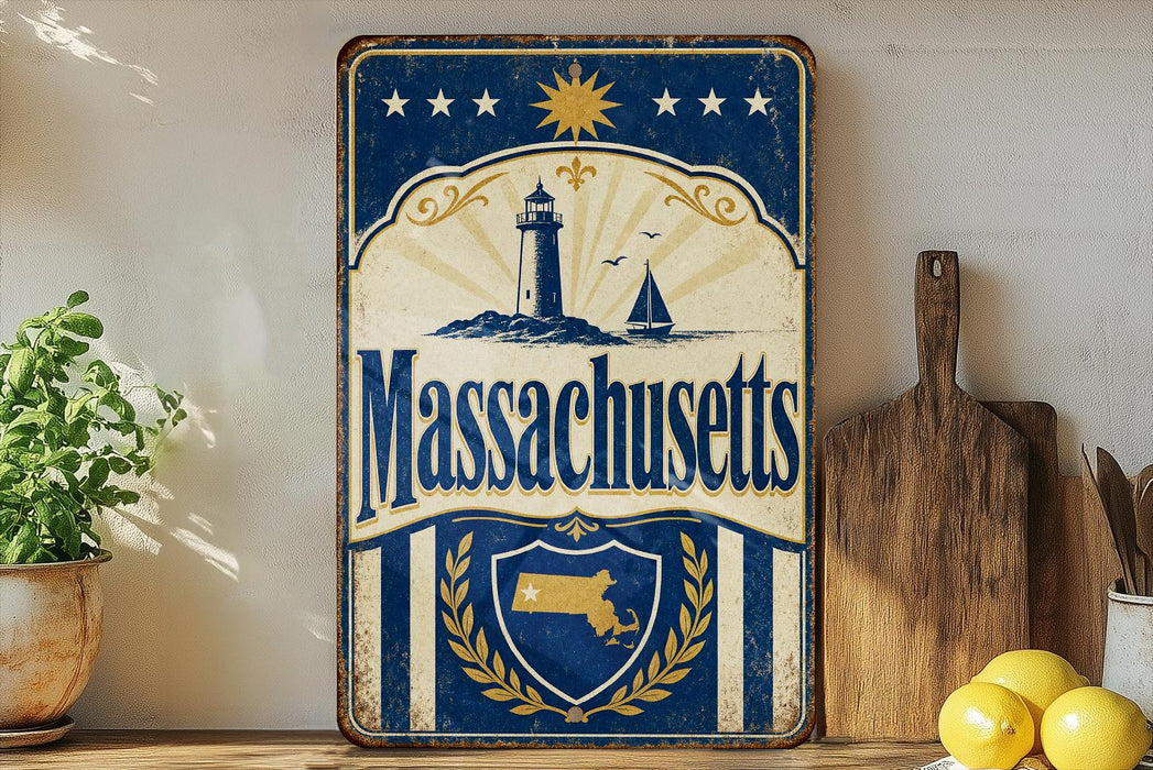 A vintage-style metal sign with the text "Massachusetts" prominently displayed, featuring a lighthouse and sailboat illustration. The sign is placed on a wooden surface, with a potted plant, a wooden cutting board, and some lemons nearby.