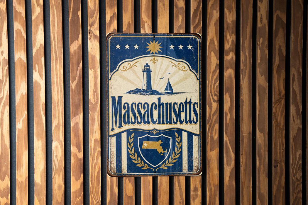 A vintage metal sign with the text "Massachusetts" and a lighthouse illustration is displayed on a wooden wall.