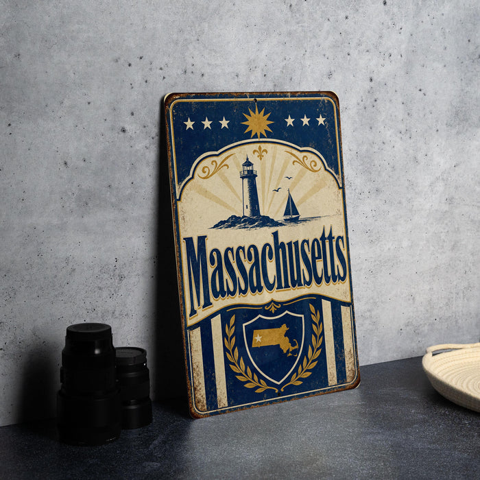 A vintage metal sign with the text "Massachusetts" and a lighthouse illustration, placed on a gray countertop next to some black camera lenses.