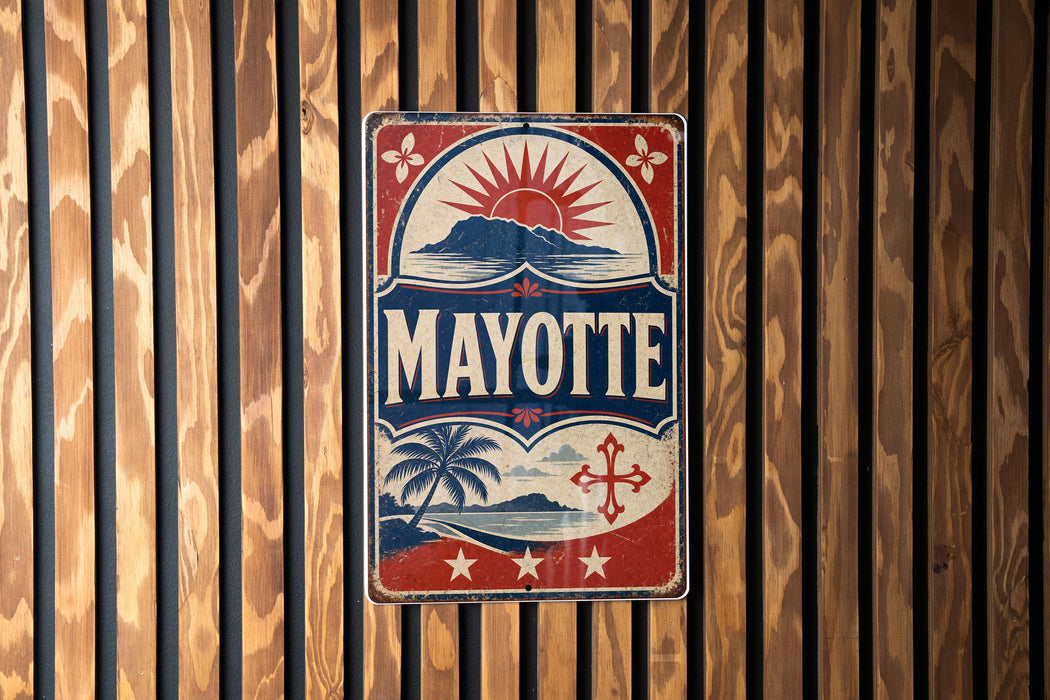 A vintage-style metal sign with the word "MAYOTTE" prominently displayed, featuring a sun and palm tree design.