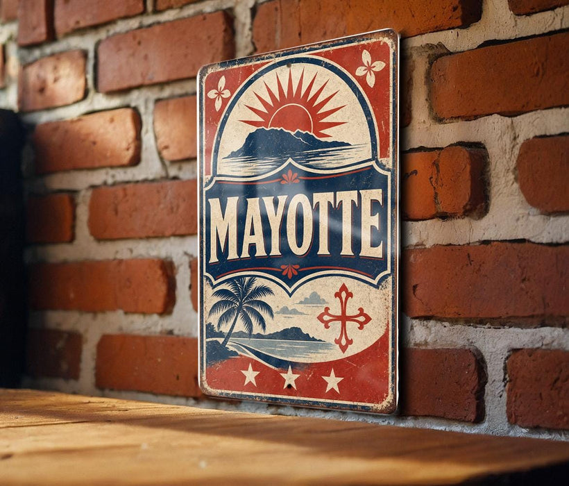 A vintage-style metal sign with the word "MAYOTTE" prominently displayed, featuring a sun and palm tree design, is mounted on a brick wall.