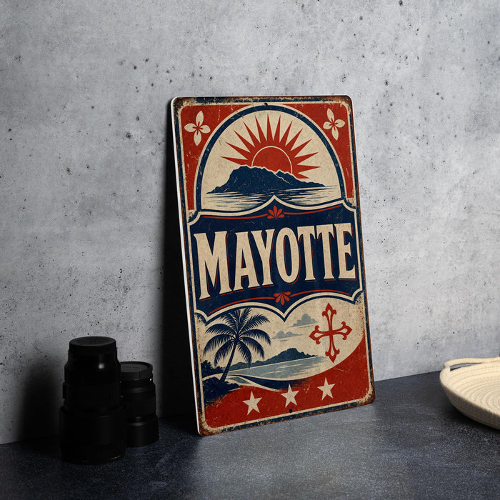A vintage-style metal sign with the word "MAYOTTE" prominently displayed, featuring a sun and palm tree design. The sign is placed on a gray surface, with some black camera lenses visible in the background.