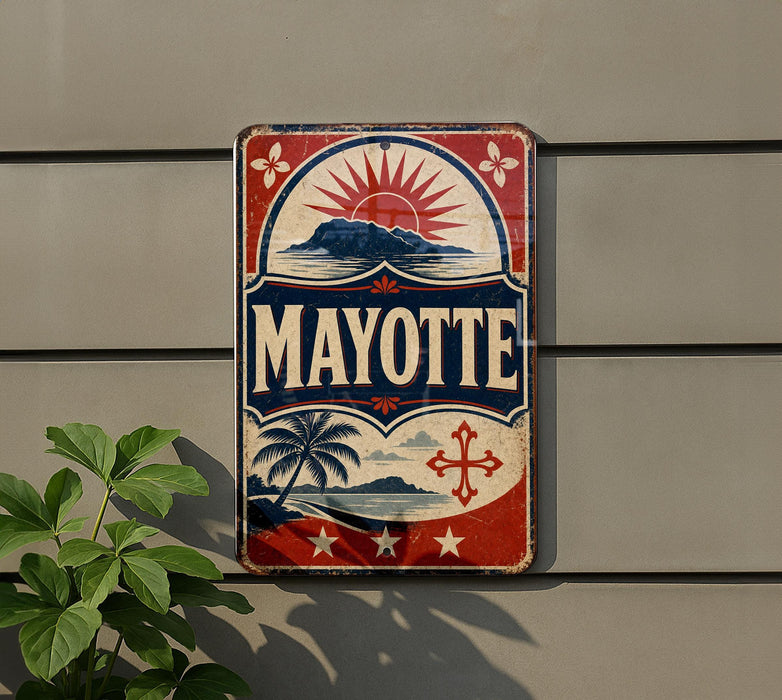 A vintage-style sign with the word "MAYOTTE" displayed prominently, featuring a sun and palm tree design.