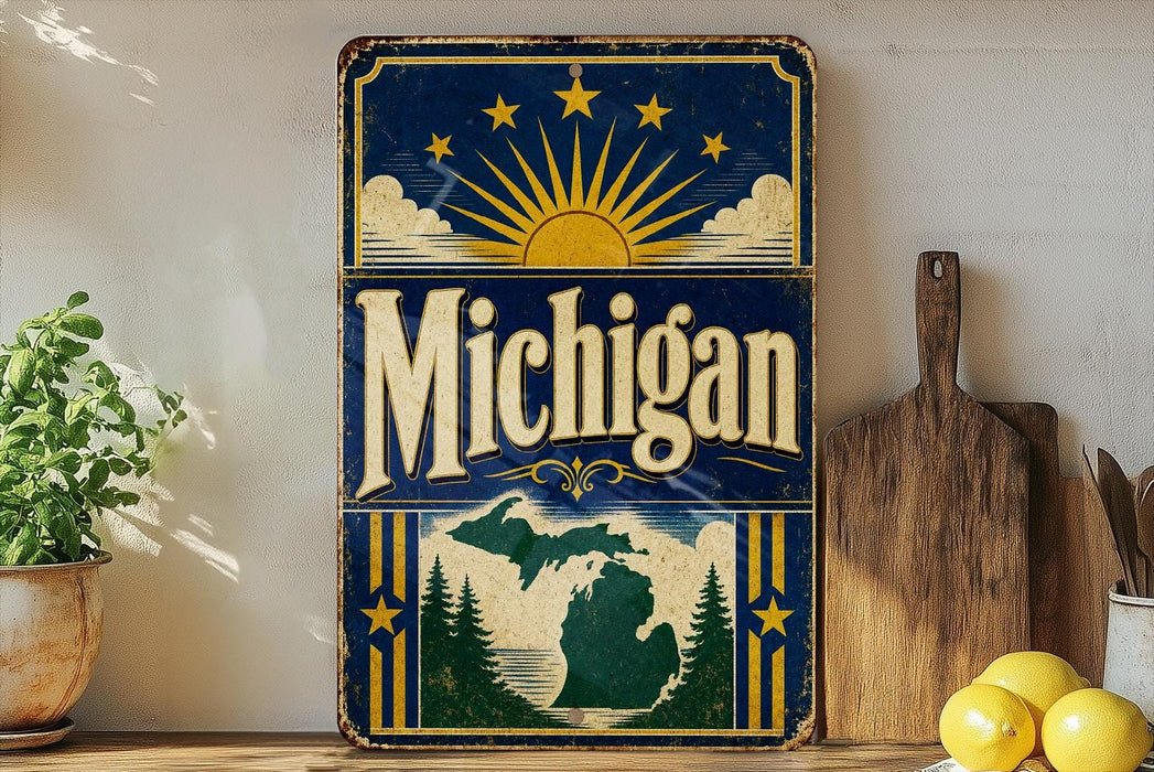 A vintage-style metal sign with the word "Michigan" prominently displayed, featuring a sun and clouds design, surrounded by a green maple tree silhouette.