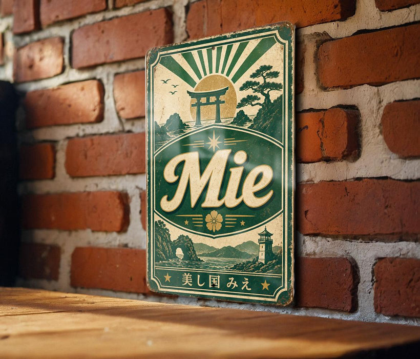 A vintage metal sign with a green and white color scheme, featuring a Japanese-style torii gate and a scenic landscape, mounted on a brick wall.