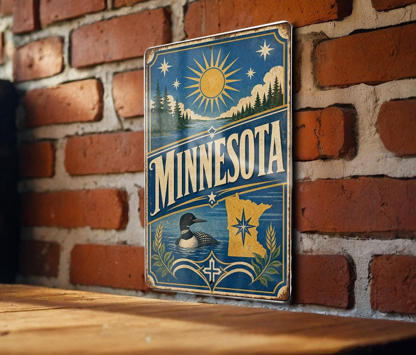 A vintage-style metal sign with the word "MINNESOTA" prominently displayed, featuring a sun, stars, and a loon.