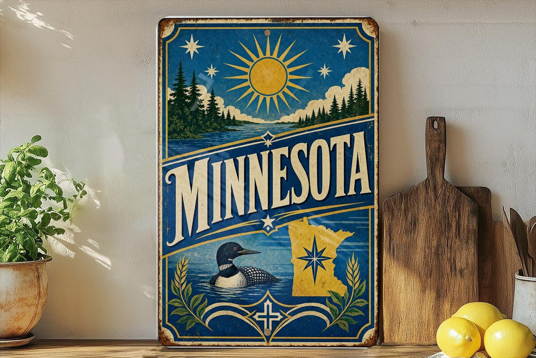 A vintage-style sign for Minnesota, featuring a sun, pine trees, and a duck, is displayed on a shelf next to a wooden cutting board and some lemons.
